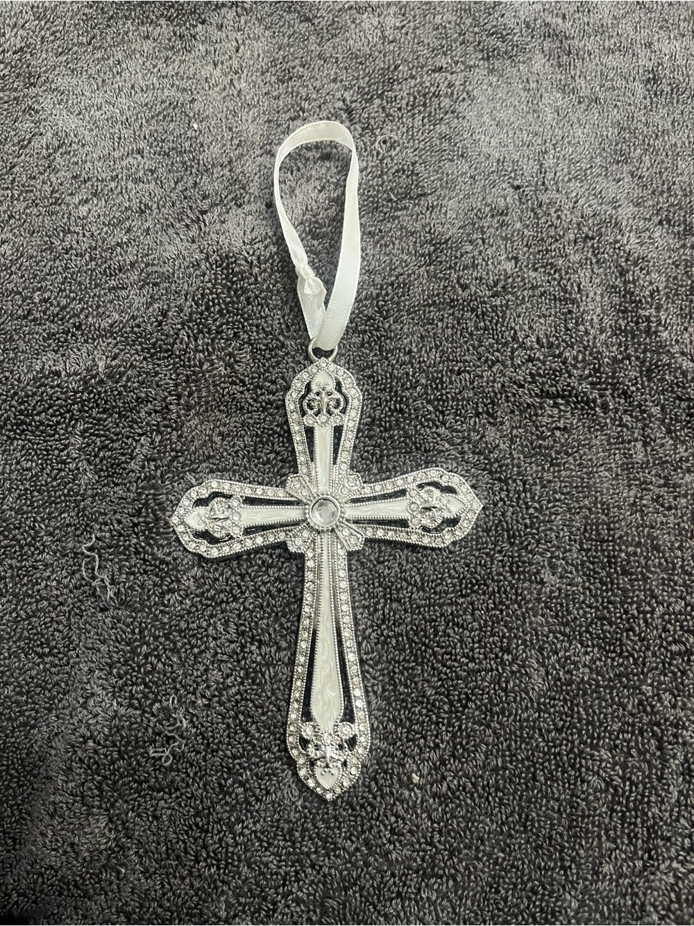 Silver Decorative Cross Ornament with Ribbon